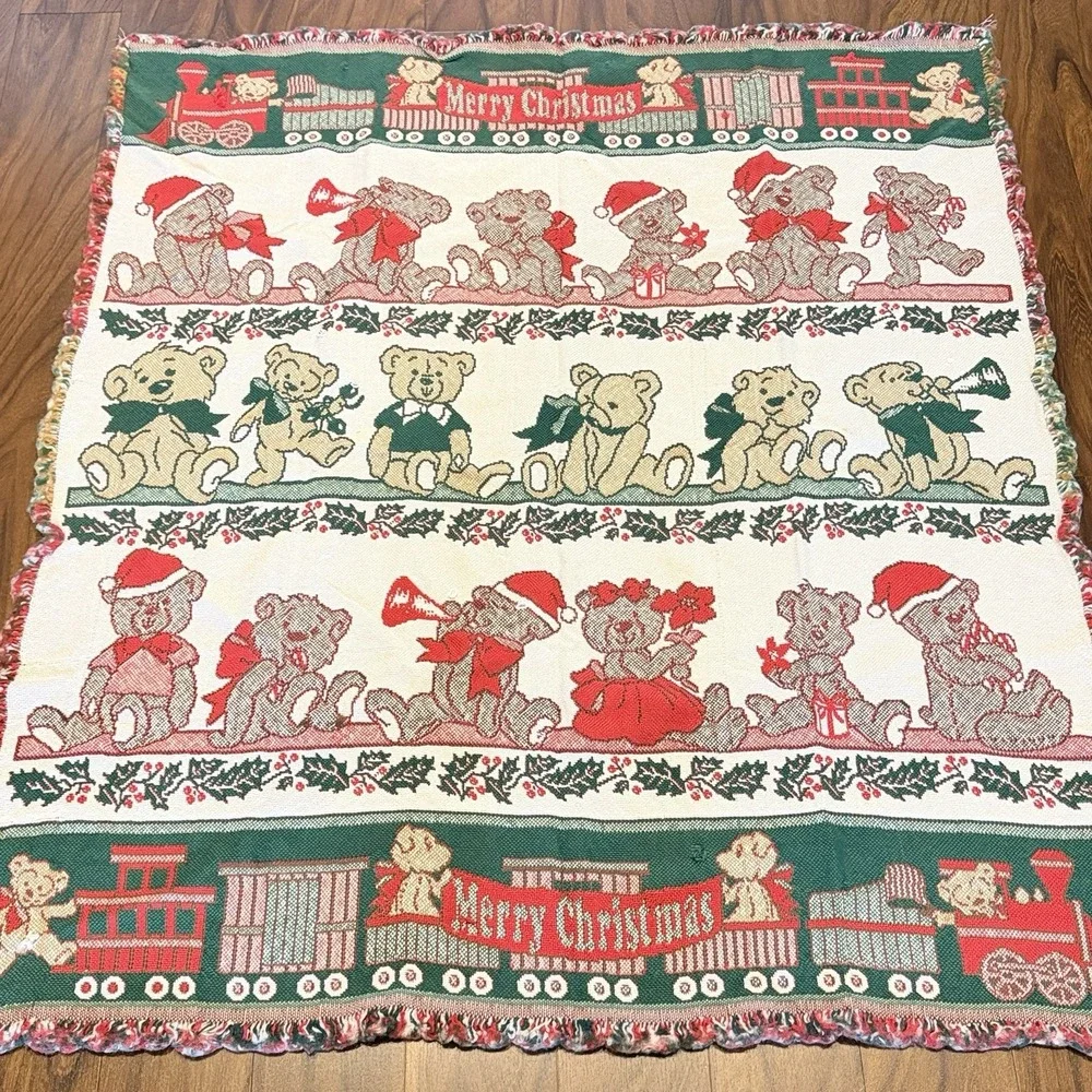 VTG Christmas Teddy Bear Train Woven Throw Blanket 49x56 Fringe Holiday Decor